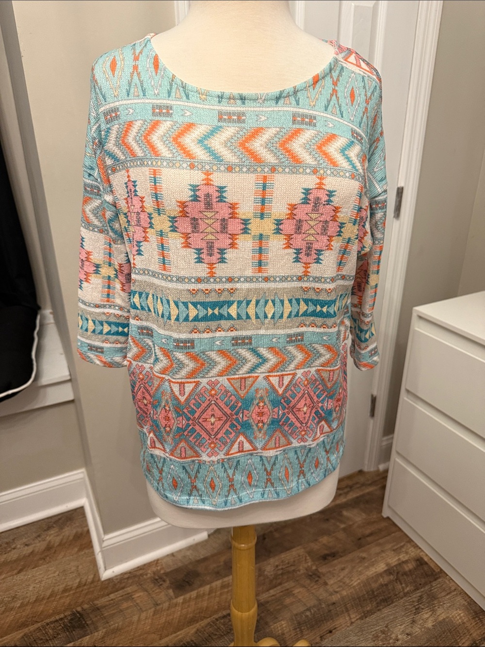Relaxed Aztec-Print Blouse in Aqua and Coral